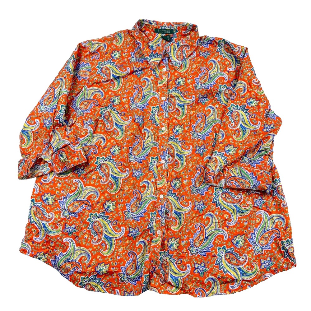 Lauren Ralph Shirt Women 3X Orange Paisley Button Up Blouse 3/4 Sleeve LRL